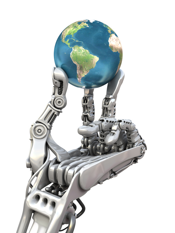 Robot keep the Earth. Planet in hands at high technology.